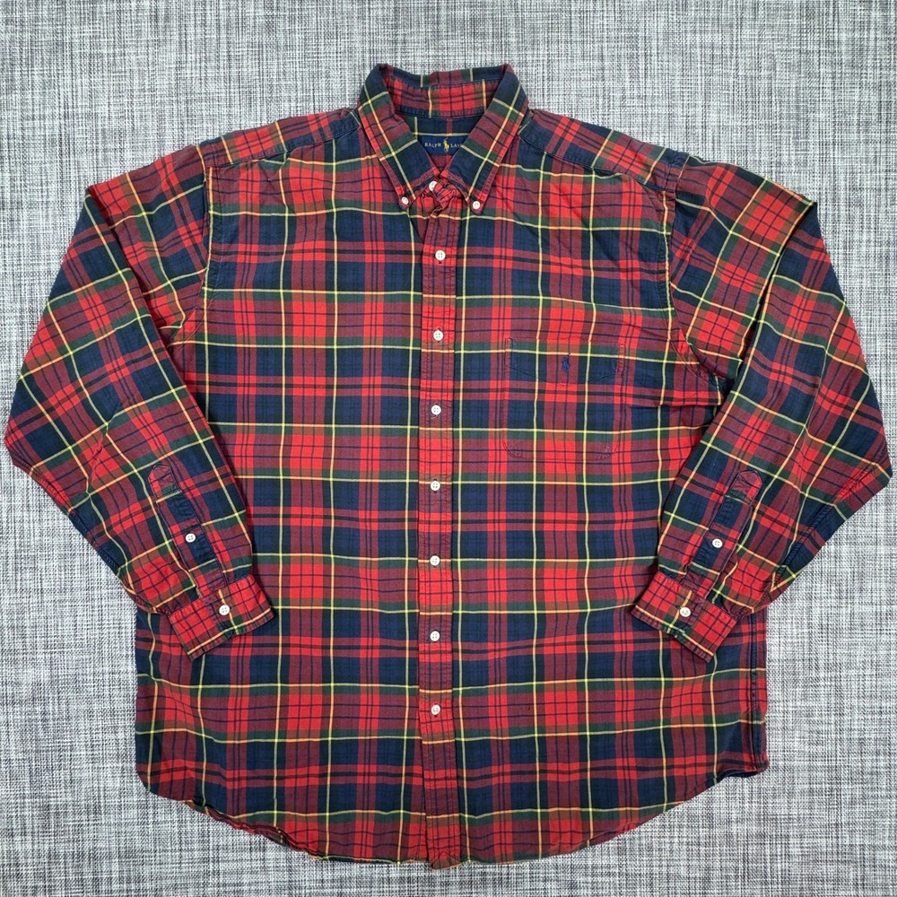 Ralph Lauren Mens 2XLT Plaid Button Down Shirt Long Sleeve Red Navy Pony Tall